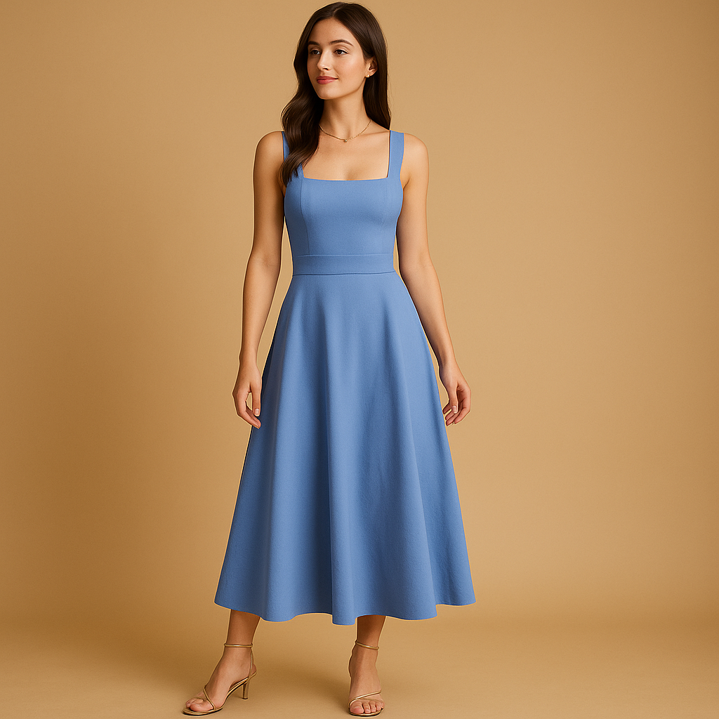 Elegant square neck midi dress for women with wide straps and lace-up waist, ideal for work, weddings, parties, and casual wear.