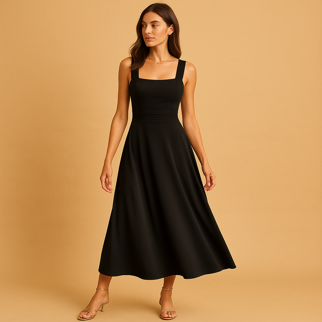 Elegant square neck midi dress for women with wide straps and lace-up waist, ideal for work, weddings, parties, and casual wear.