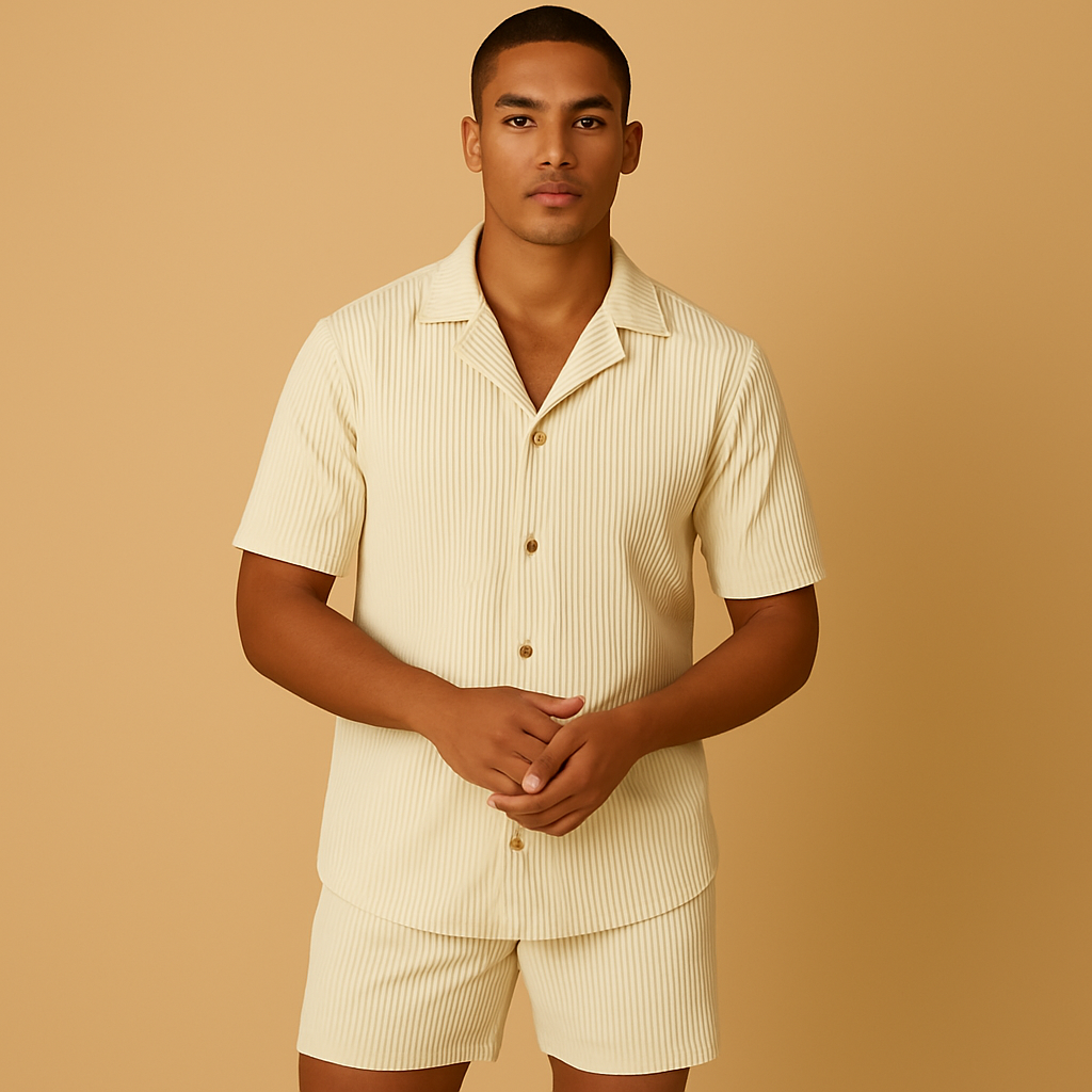 Elegant two-piece summer outfit for men with refined details and lightweight fabric, perfect for vacations, events, and stylish casual days.