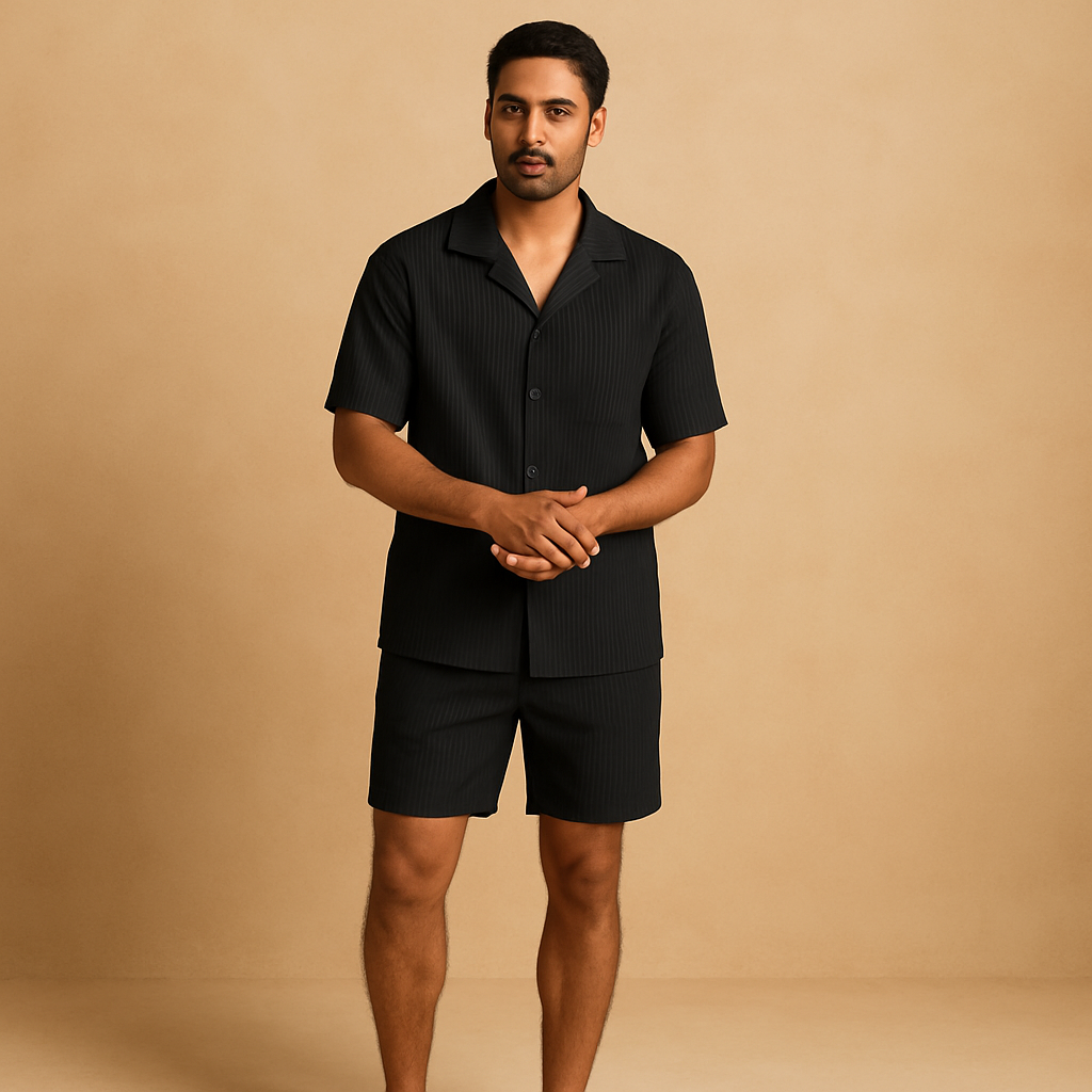 Elegant two-piece summer outfit for men with refined details and lightweight fabric, perfect for vacations, events, and stylish casual days.