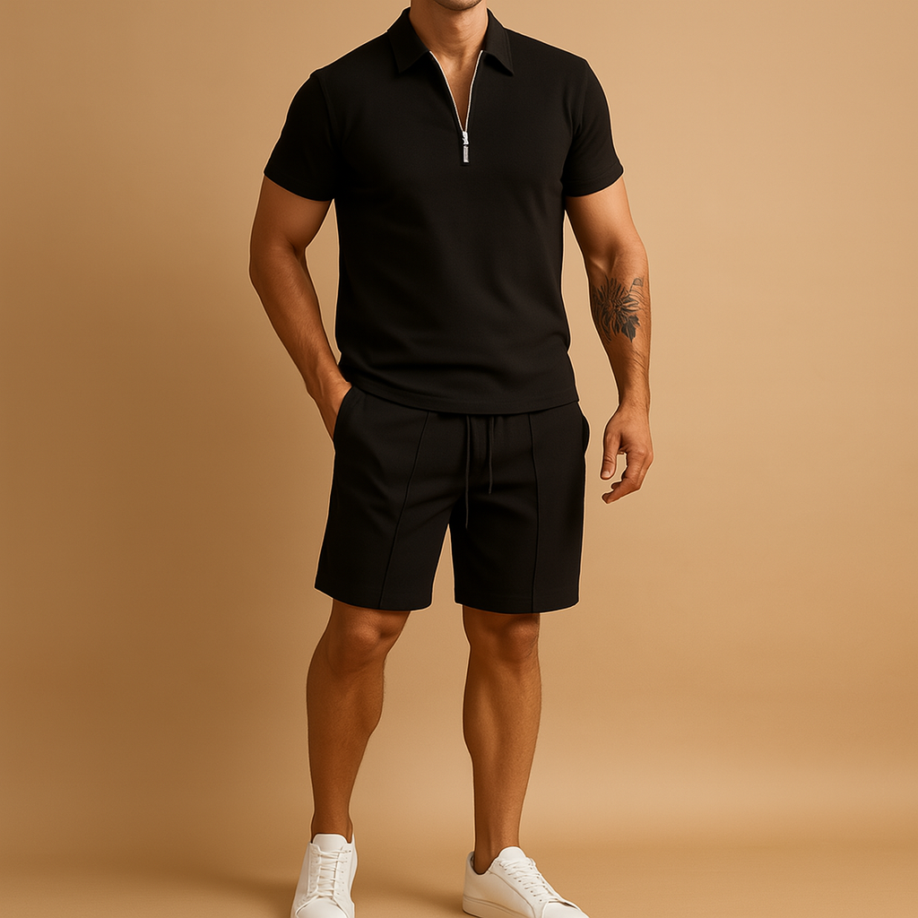 Elegant summer set for men with matching polo and shorts, perfect for casual dinners, vacations, and stylish summer days.