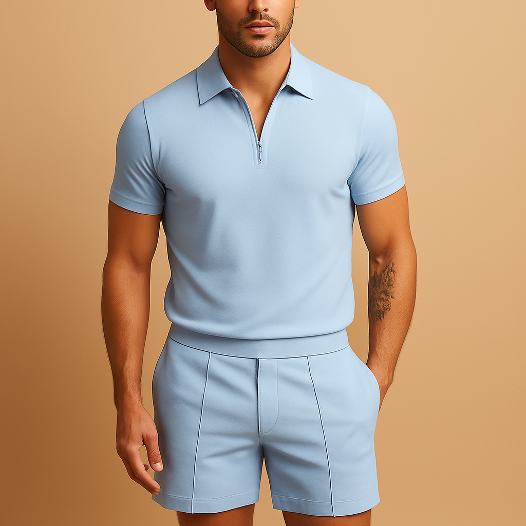 Elegant summer set for men with matching polo and shorts, perfect for casual dinners, vacations, and stylish summer days.