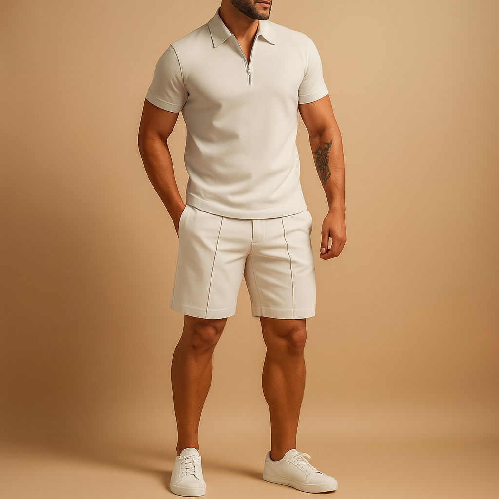 Elegant summer set for men with matching polo and shorts, perfect for casual dinners, vacations, and stylish summer days.