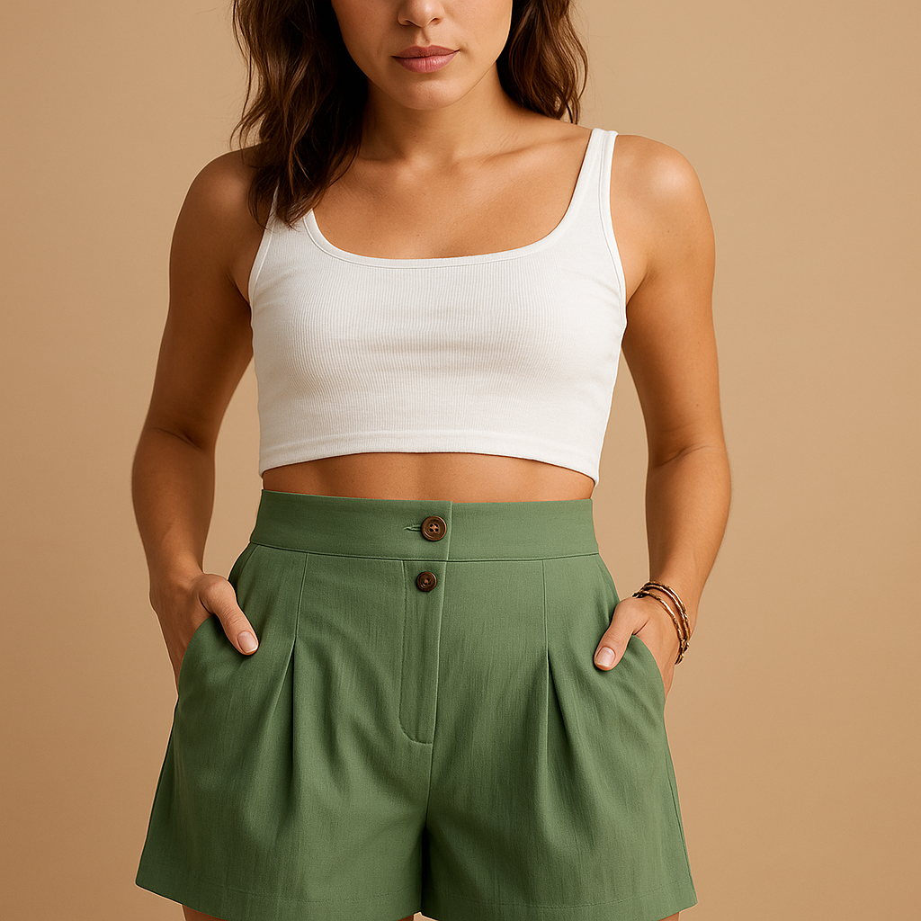 Women’s elegant summer shorts with flattering fit and stylish double button detail, perfect for brunch, garden parties, and daily summer outfits.