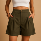 Women’s elegant summer shorts with flattering fit and stylish double button detail, perfect for brunch, garden parties, and daily summer outfits.