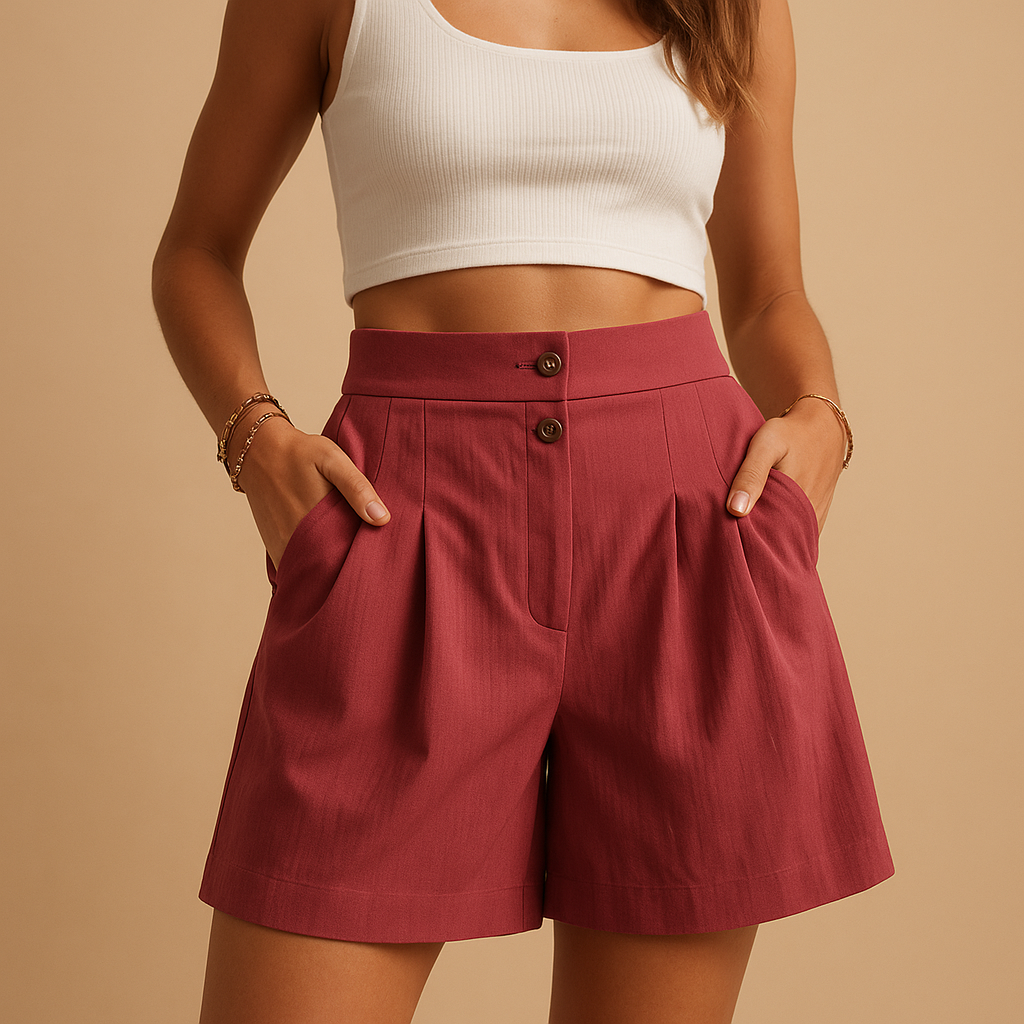 Women’s elegant summer shorts with flattering fit and stylish double button detail, perfect for brunch, garden parties, and daily summer outfits.