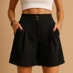 Women’s elegant summer shorts with flattering fit and stylish double button detail, perfect for brunch, garden parties, and daily summer outfits.