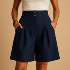 Women’s elegant summer shorts with flattering fit and stylish double button detail, perfect for brunch, garden parties, and daily summer outfits.