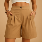 Women’s elegant summer shorts with flattering fit and stylish double button detail, perfect for brunch, garden parties, and daily summer outfits.