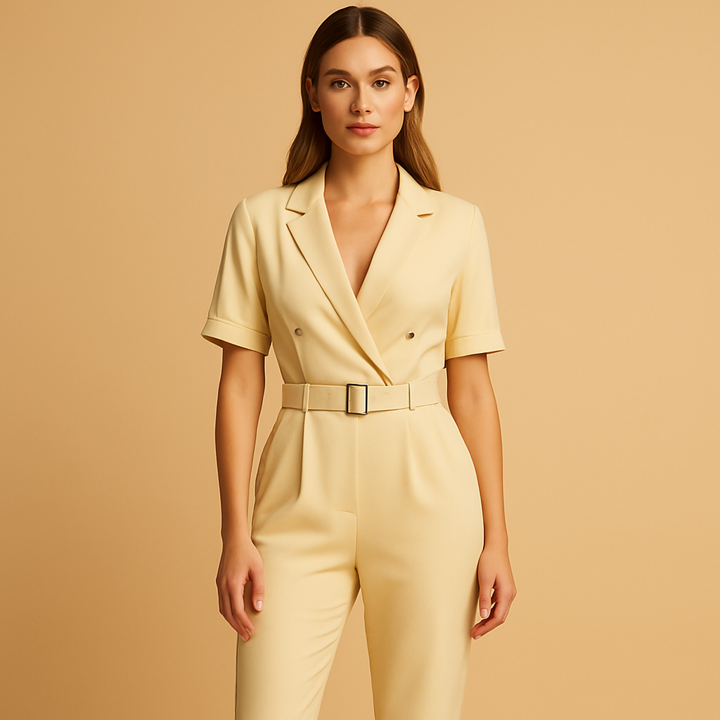 Elegant V-neck jumpsuit for women with half sleeves and tailored fit, perfect for formal occasions, workdays, and evenings out.