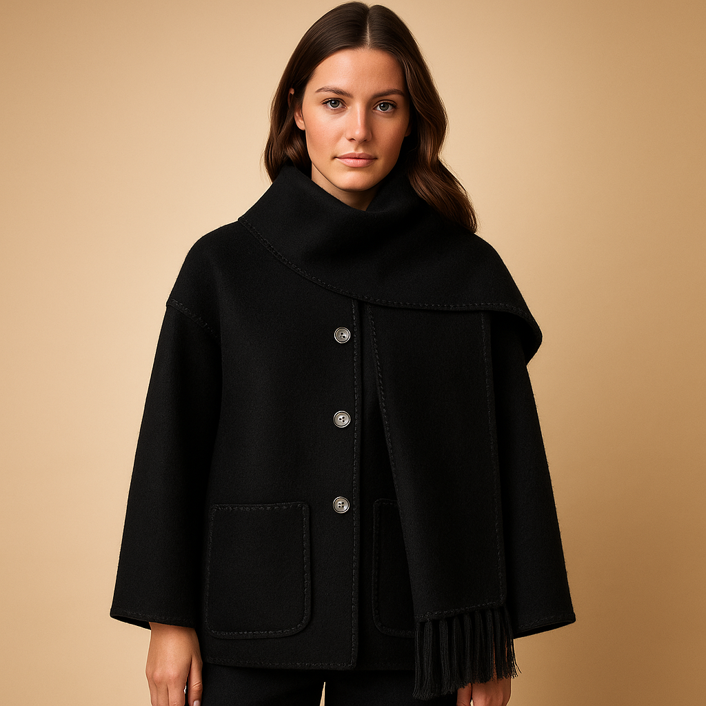 Elegant long winter coat for women with belt and removable scarf, featuring warm lining and refined design for stylish winter wear.