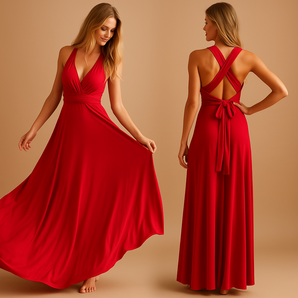 Women’s elegant wrap dress with extra-long straps and pleated waist, 20+ styling options, perfect for weddings, parties, and formal occasions.