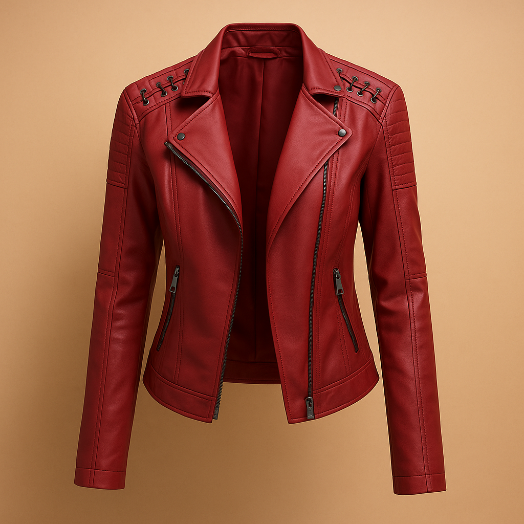 Faux leather jacket for women with tailored fit, stand-up collar, silver zipper, and stud details. Versatile style for casual chic or elegant outfits.