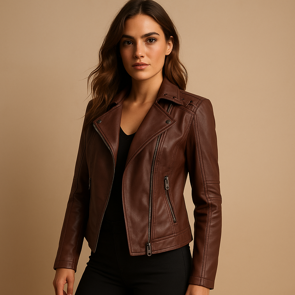 Faux leather jacket for women with tailored fit, stand-up collar, silver zipper, and stud details. Versatile style for casual chic or elegant outfits.