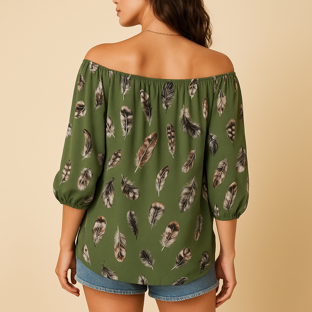 Women’s feather print V-neck blouse with loose fit and breathable cotton blend, perfect for warm days and casual wear.
