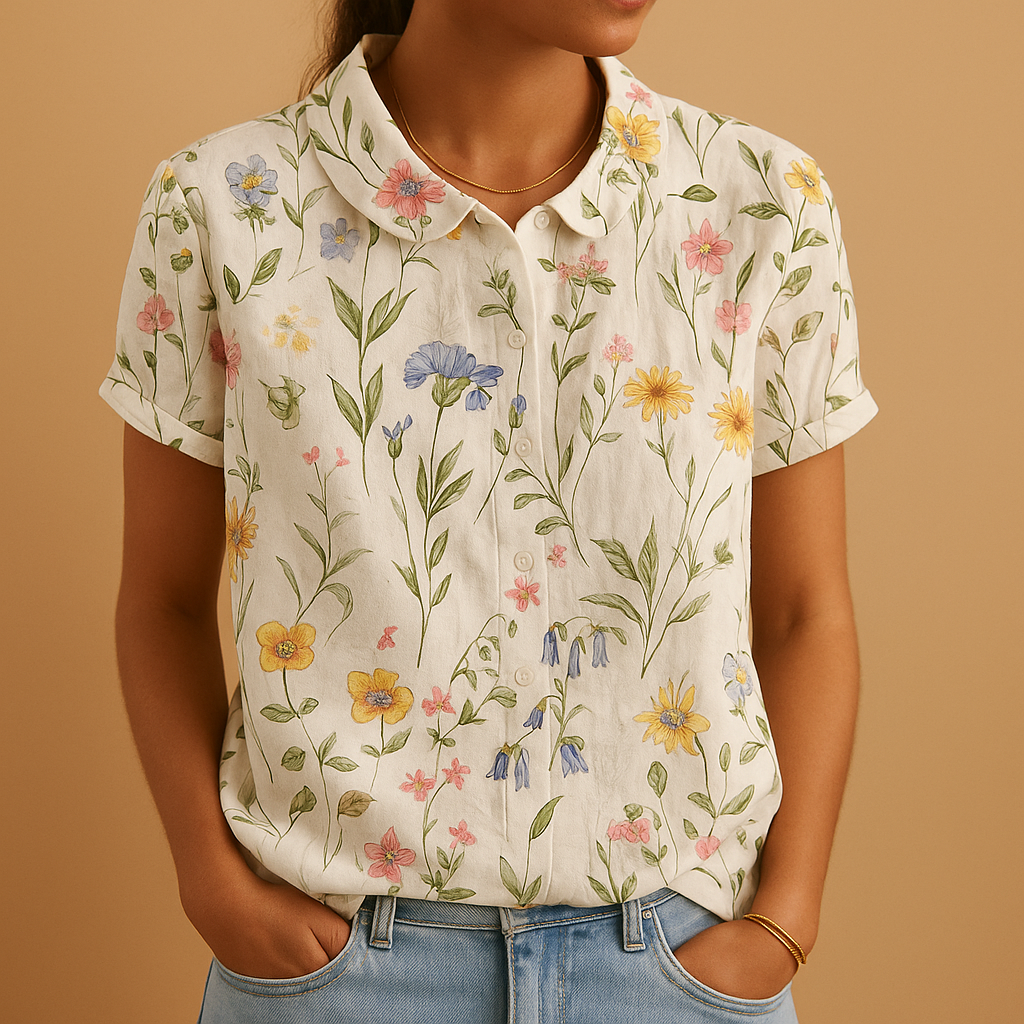 Floral loose fit blouse for women with a multicolored floral pattern, perfect for casual days, outdoor wear, or relaxing at home.