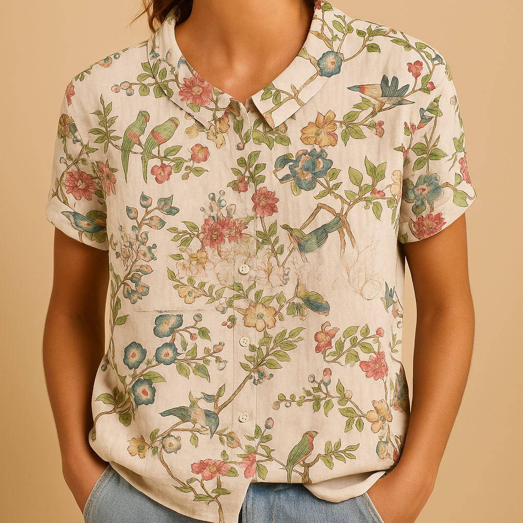Floral loose fit blouse for women with a multicolored floral pattern, perfect for casual days, outdoor wear, or relaxing at home.