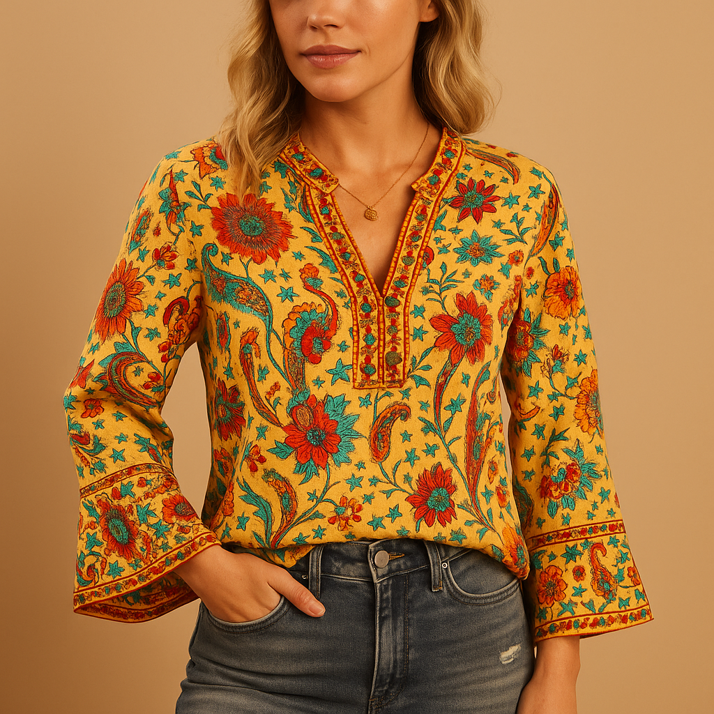 Women’s floral boho blouse with flared sleeves and stand-up collar, perfect for casual days, summer outings, or festive occasions.