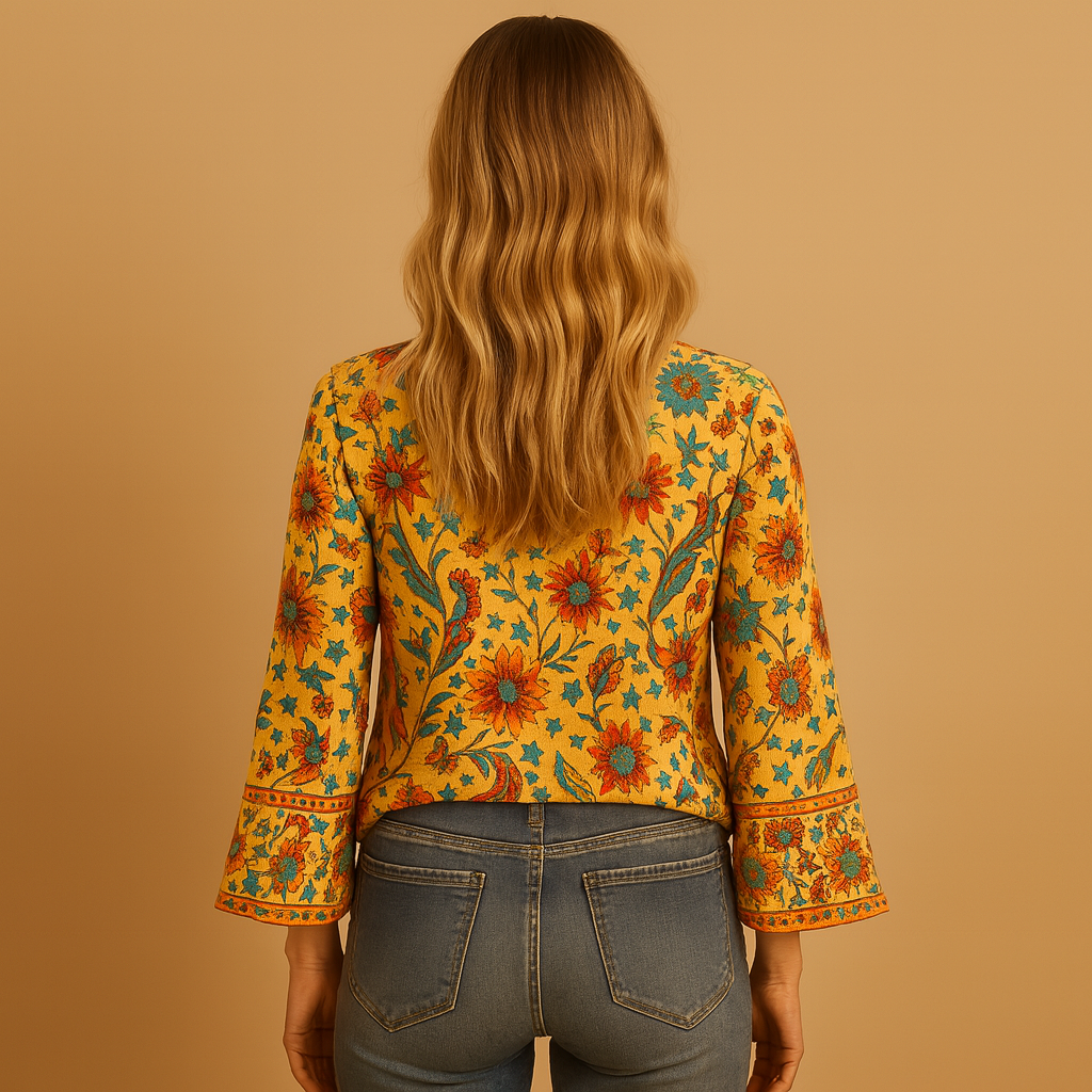 Women’s floral boho blouse with flared sleeves and stand-up collar, perfect for casual days, summer outings, or festive occasions.