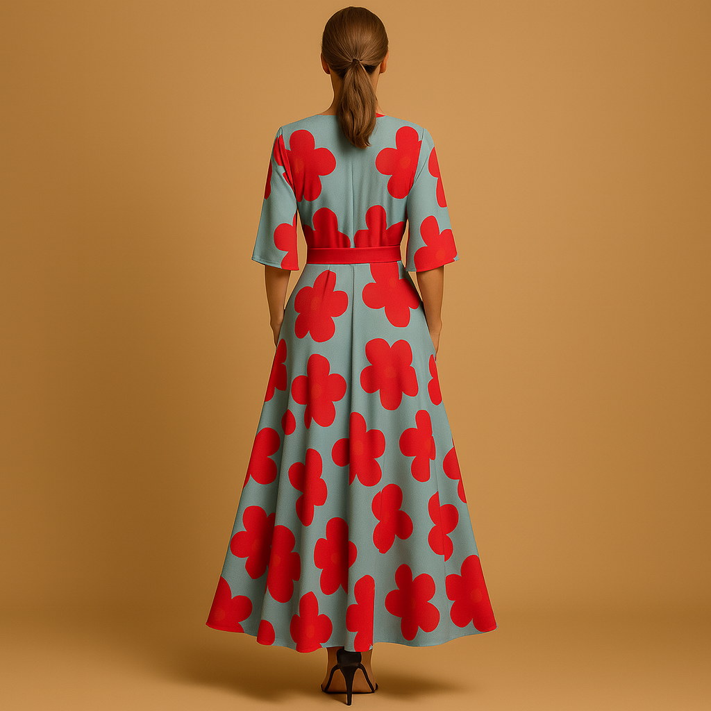 Women’s floral maxi dress with deep V-neck, elbow-length sleeves, tailored waist, flowy skirt, and pockets. Perfect for summer parties or casual outings.