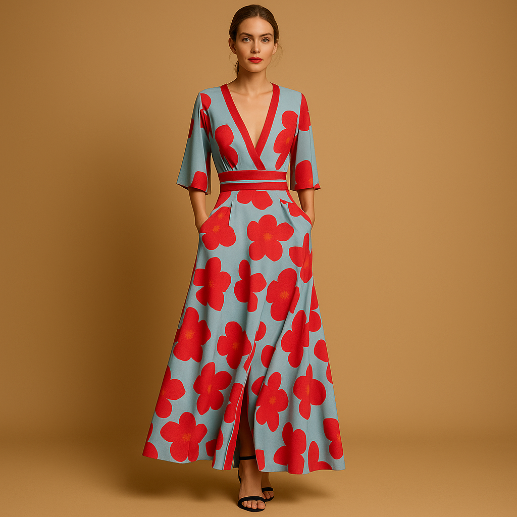Women’s floral maxi dress with deep V-neck, elbow-length sleeves, tailored waist, flowy skirt, and pockets. Perfect for summer parties or casual outings.