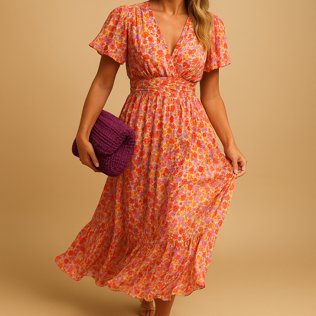 Women’s floral maxi summer dress with V-neckline and flowing silhouette, perfect for casual outings, warm days, and elegant evening occasions.