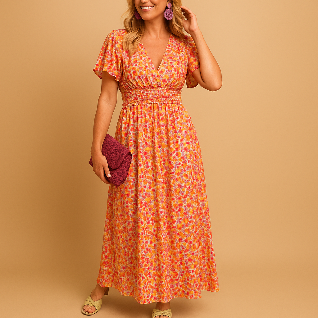 Women’s floral maxi summer dress with V-neckline and flowing silhouette, perfect for casual outings, warm days, and elegant evening occasions.