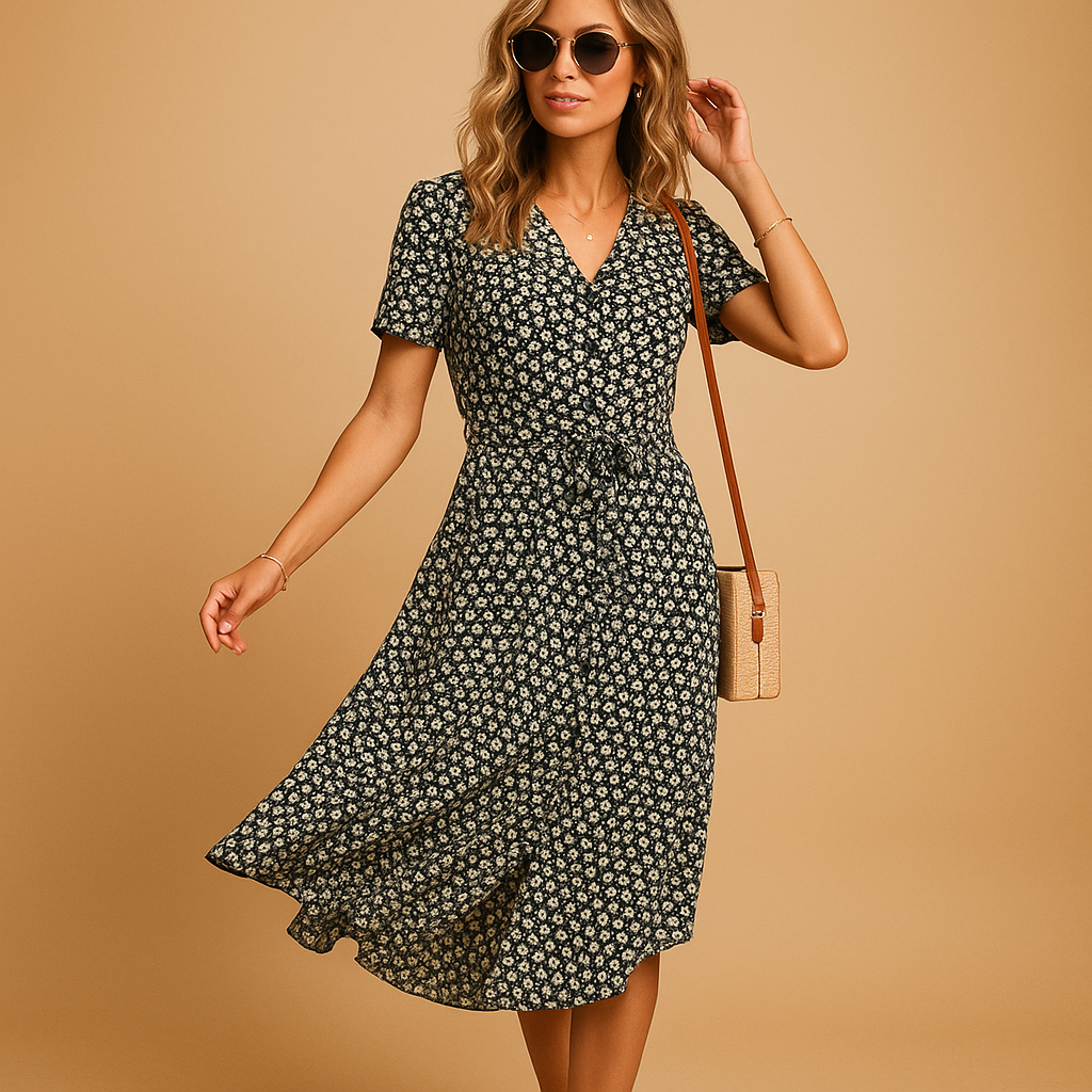 Women’s floral midi dress with short sleeves and flattering fit, perfect for summer parties, casual outings, or relaxed terrace days.