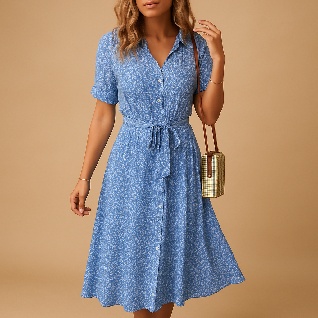 Women’s floral midi dress with short sleeves and flattering fit, perfect for summer parties, casual outings, or relaxed terrace days.