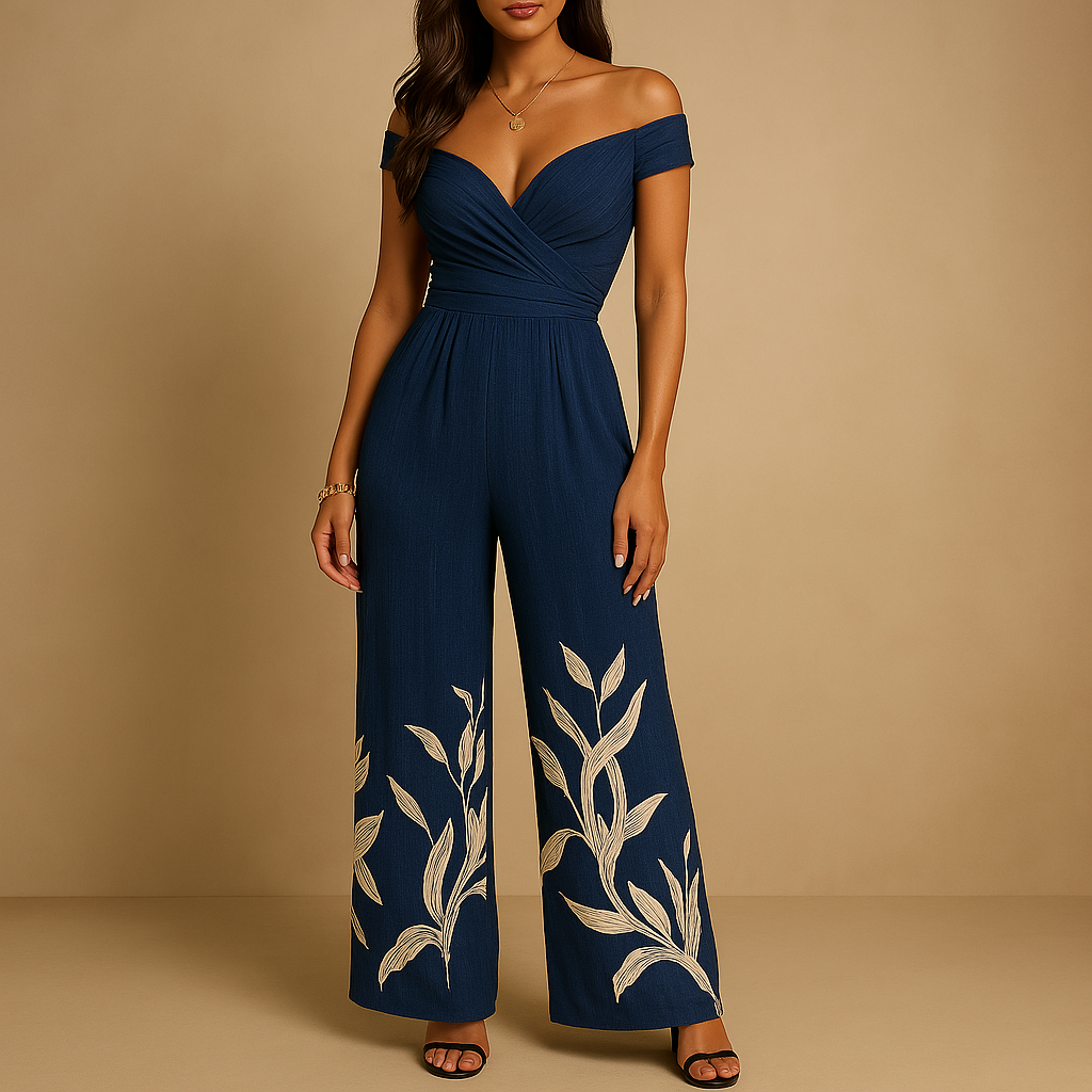 Floral off-shoulder jumpsuit for women with tailored waist and vibrant print, perfect for weddings, parties, and elegant summer occasions.