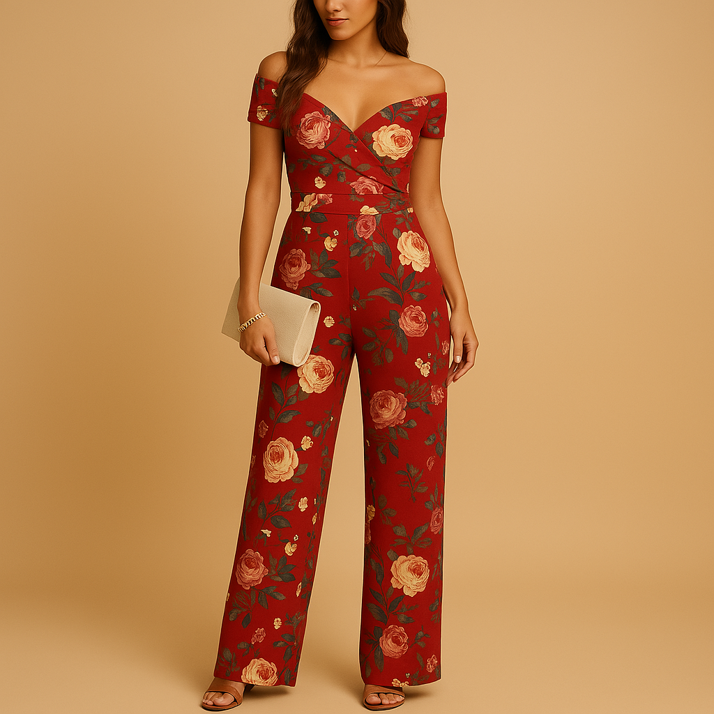Floral off-shoulder jumpsuit for women with tailored waist and vibrant print, perfect for weddings, parties, and elegant summer occasions.