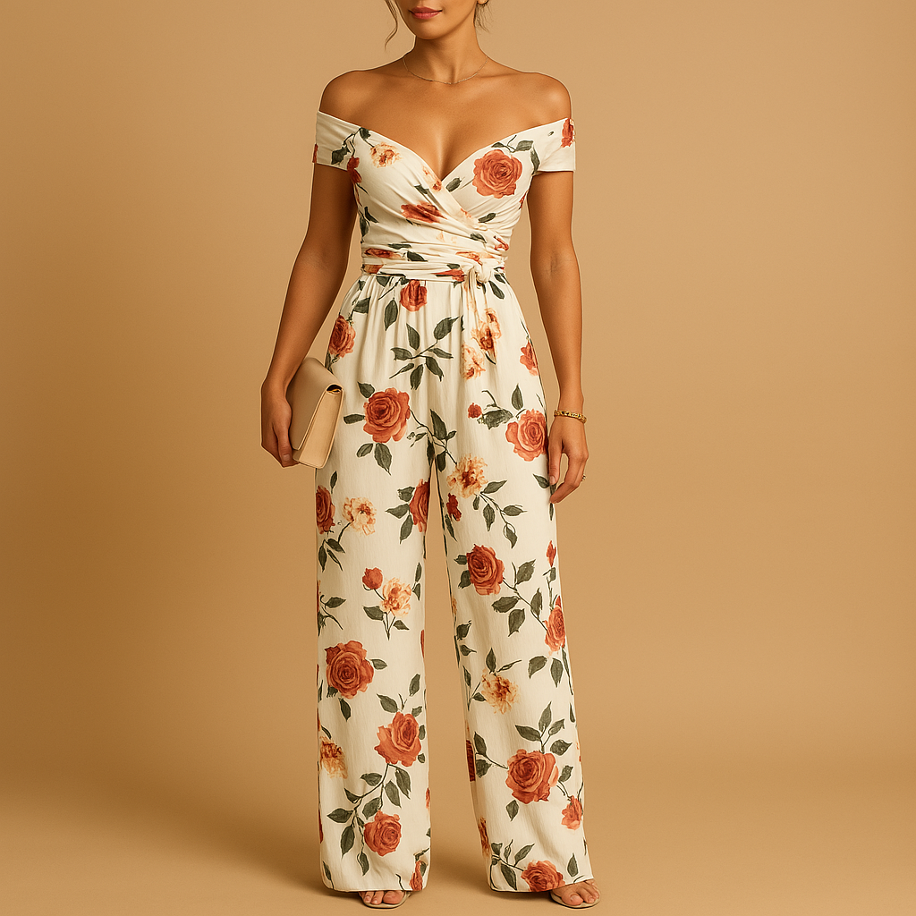Floral off-shoulder jumpsuit for women with tailored waist and vibrant print, perfect for weddings, parties, and elegant summer occasions.