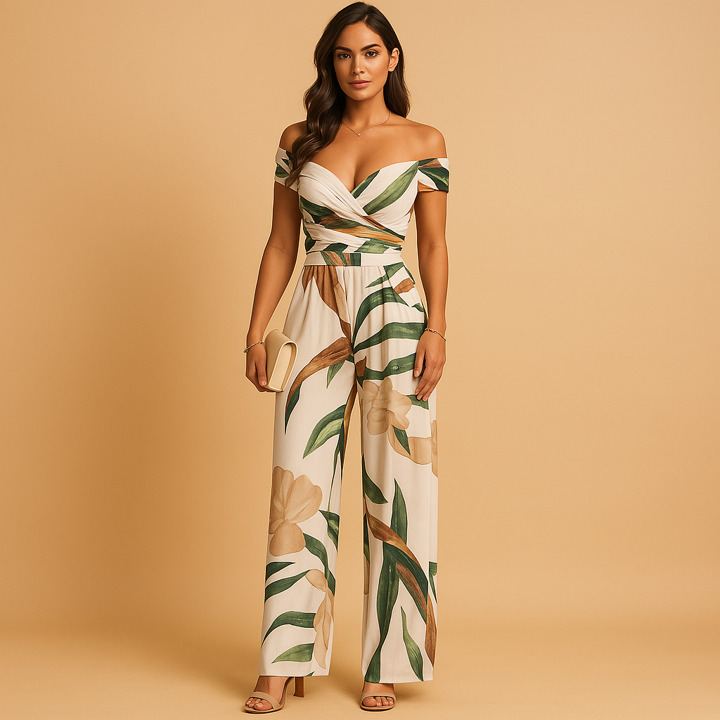 Floral off-shoulder jumpsuit for women with tailored waist and vibrant print, perfect for weddings, parties, and elegant summer occasions.