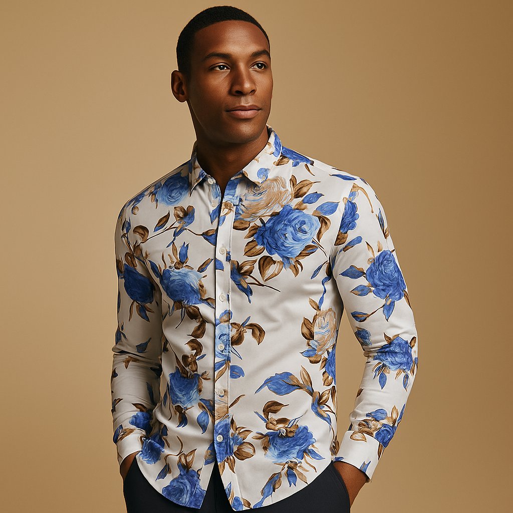 Floral print shirt for men in black, blue, and red with a modern fit and breathable fabric, perfect for casual, work, or festive occasions.