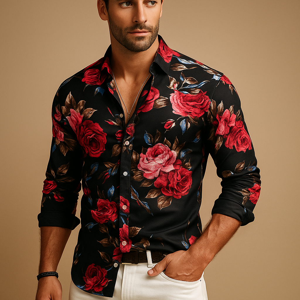 Floral print shirt for men in black, blue, and red with a modern fit and breathable fabric, perfect for casual, work, or festive occasions.