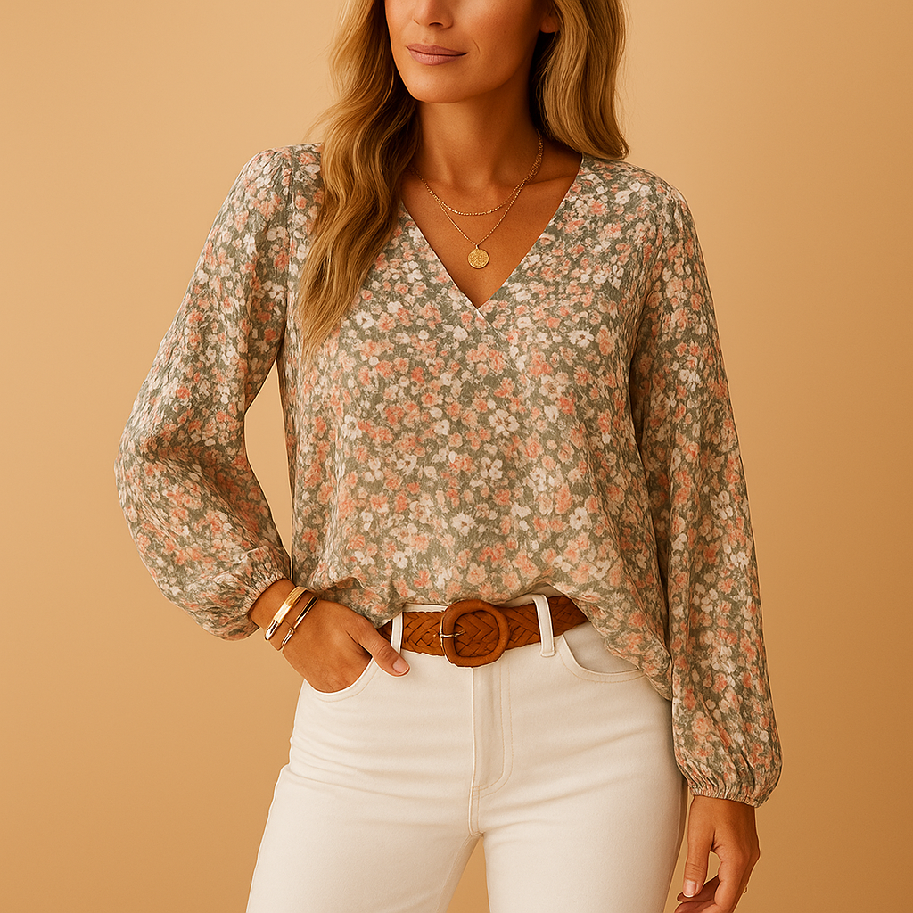 Elegant floral summer blouse for women with long sleeves and light fabric, perfect for warm days and versatile outfits.