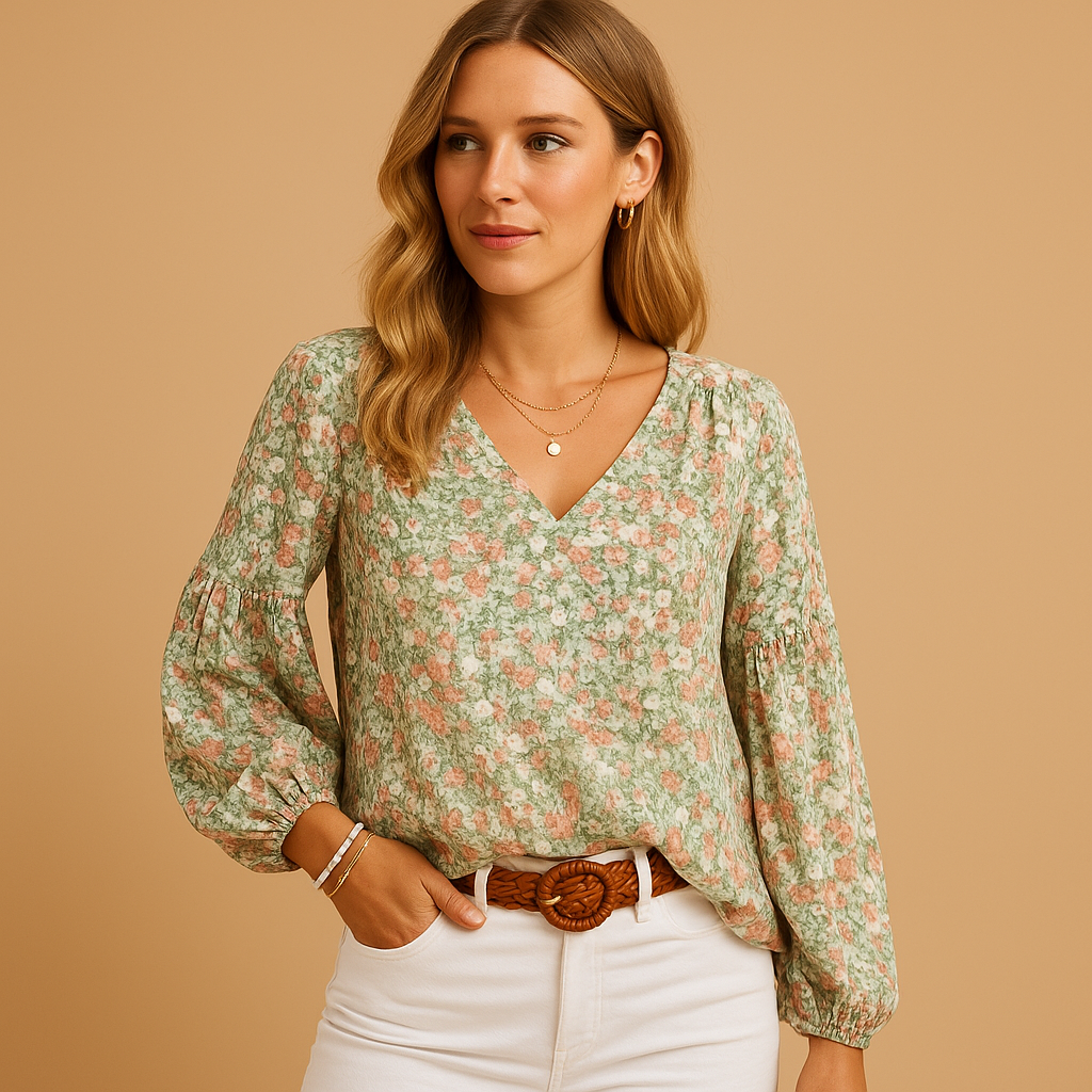 Elegant floral summer blouse for women with long sleeves and light fabric, perfect for warm days and versatile outfits.