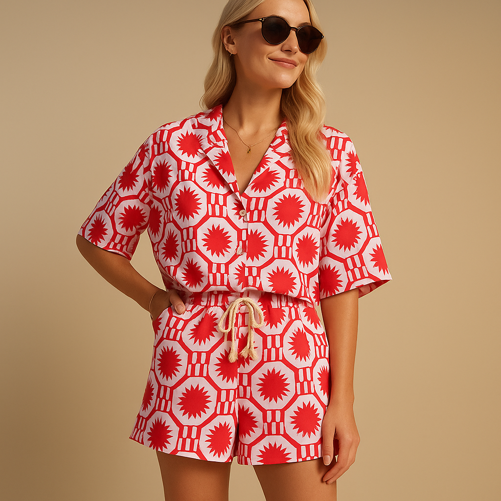 Women’s floral two-piece summer set with short-sleeve blouse and matching shorts, ideal for vacations, beachwear, or relaxed summer days.
