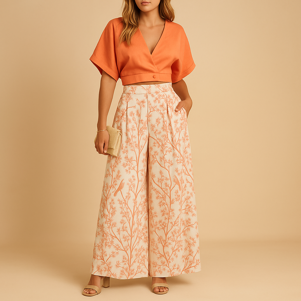 Women’s floral two-piece summer set with wide-leg pants and matching top, perfect for beach days, festivals, or casual outings.