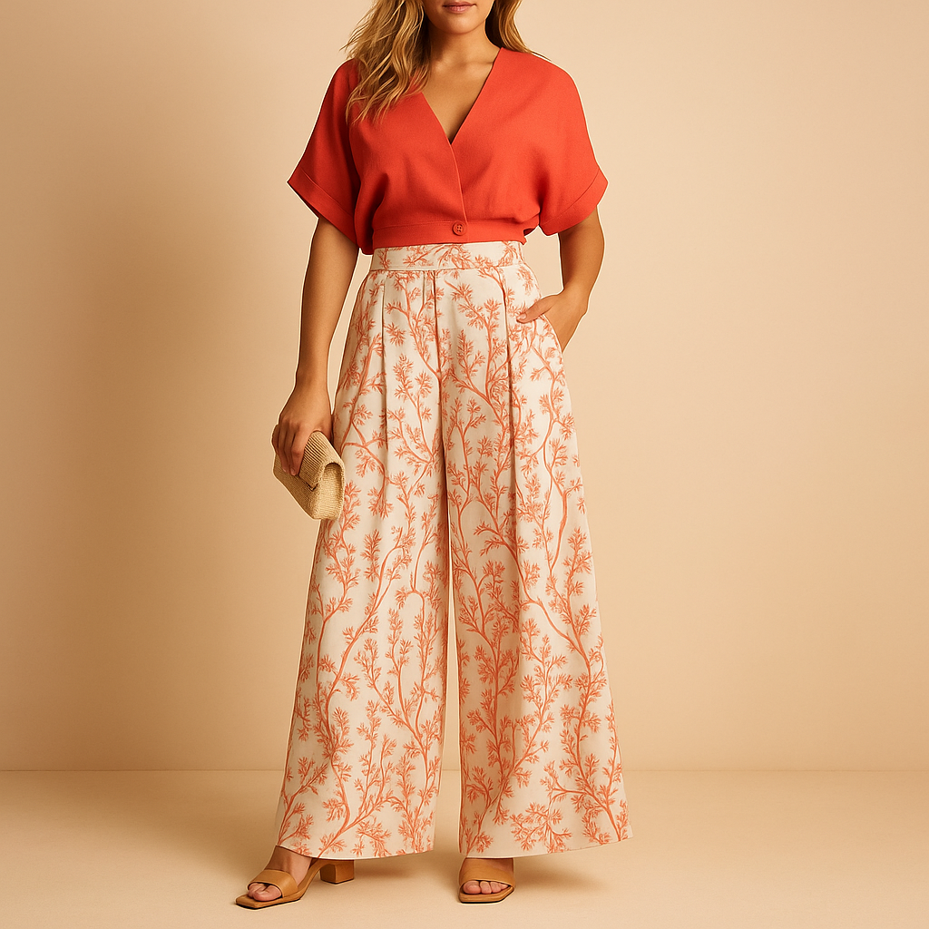 Women’s floral two-piece summer set with wide-leg pants and matching top, perfect for beach days, festivals, or casual outings.