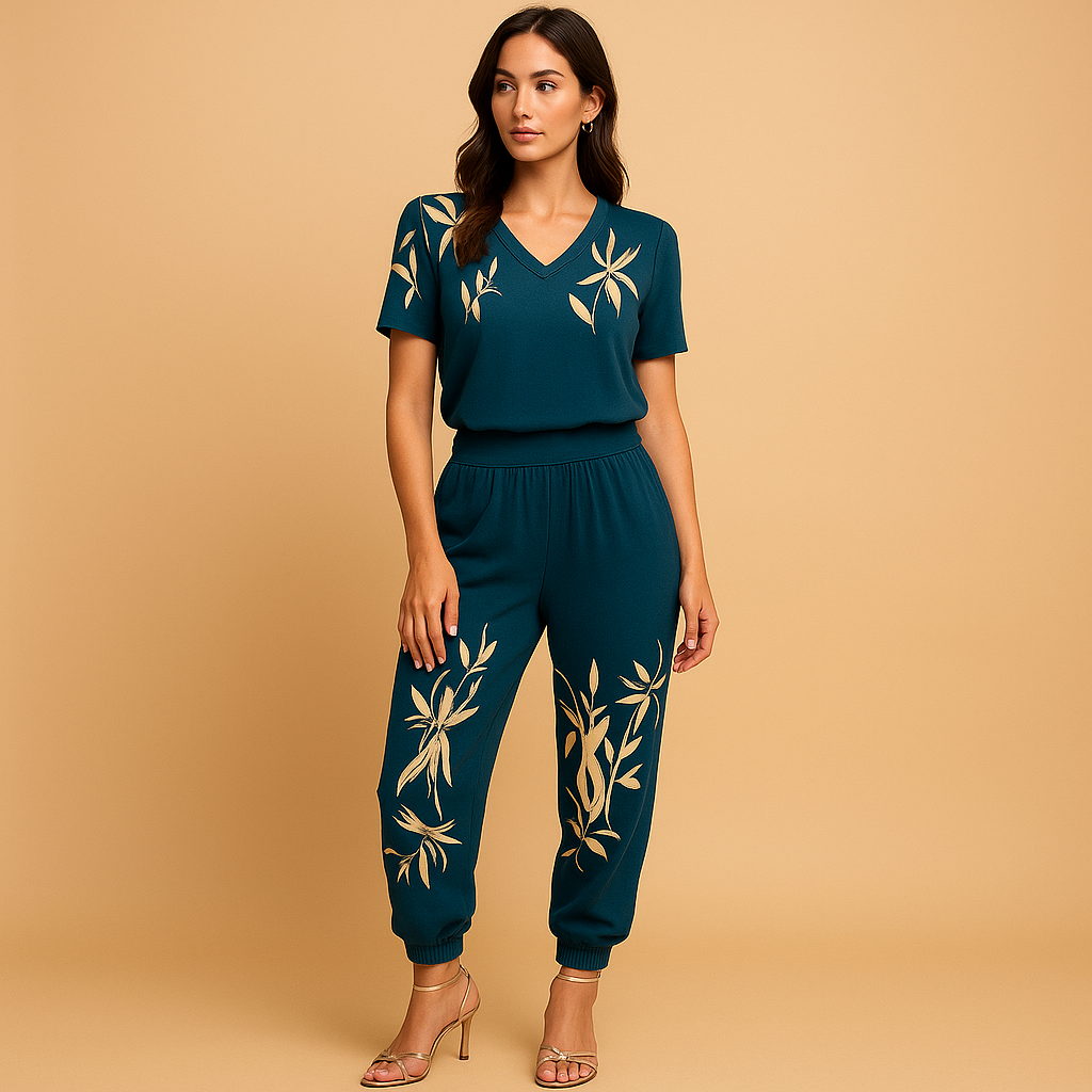 Women’s floral two-piece outfit with a printed top and matching pants, ideal for casual outings, holidays, and everyday wear.
