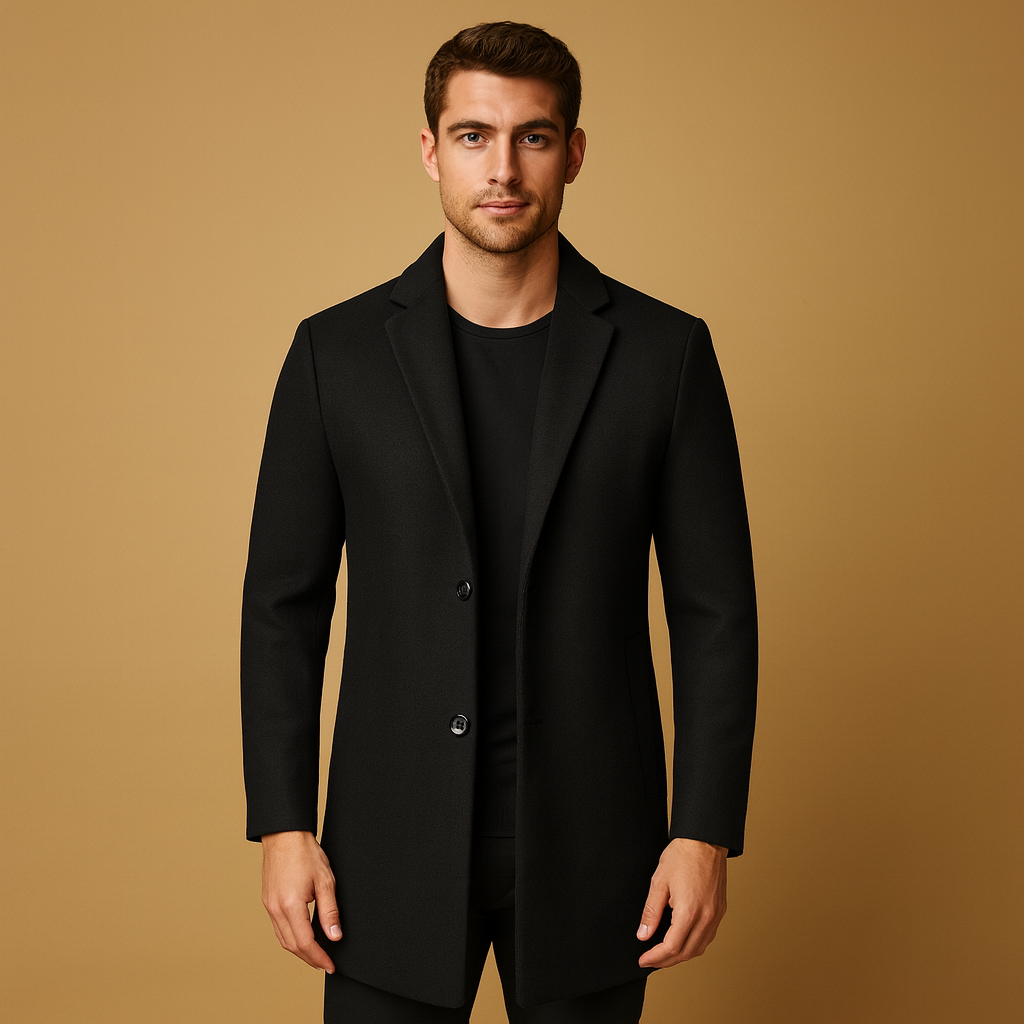 Elegant formal winter coat for men with long design and tailored fit, ideal for business, formal occasions, and cold-weather wear.