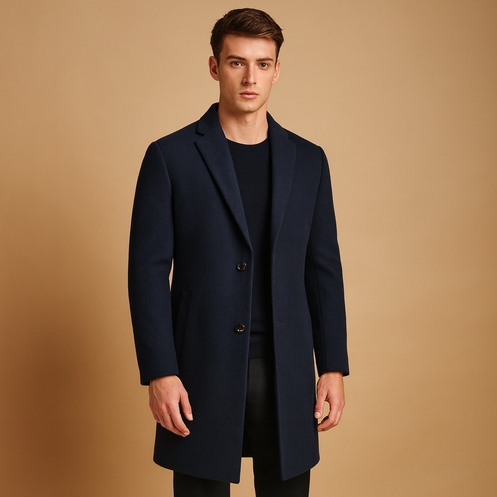 Elegant formal winter coat for men with long design and tailored fit, ideal for business, formal occasions, and cold-weather wear.
