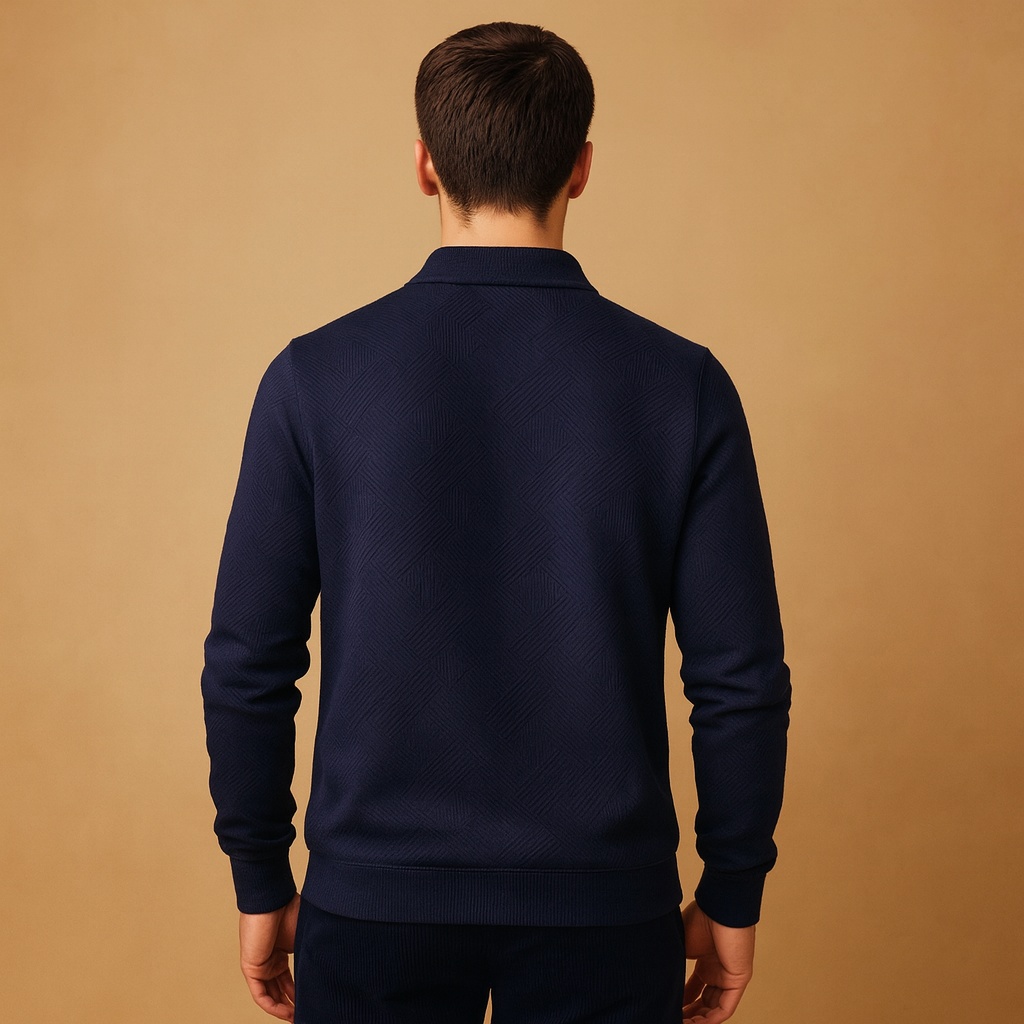 Men’s geometric quarter-zip polo sweater with a soft fabric and modern fit, ideal for stylish autumn and winter outfits.