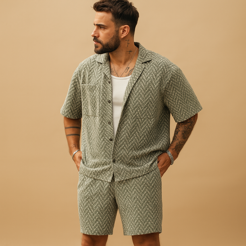 Stylish geometric summer set for men with printed shirt and matching shorts, ideal for vacations, casual outings, and warm days.