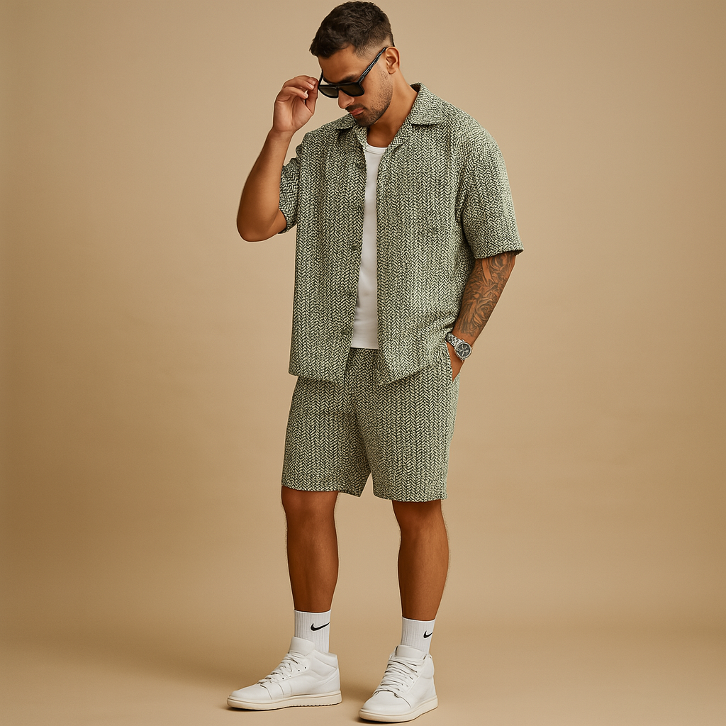 Stylish geometric summer set for men with printed shirt and matching shorts, ideal for vacations, casual outings, and warm days.