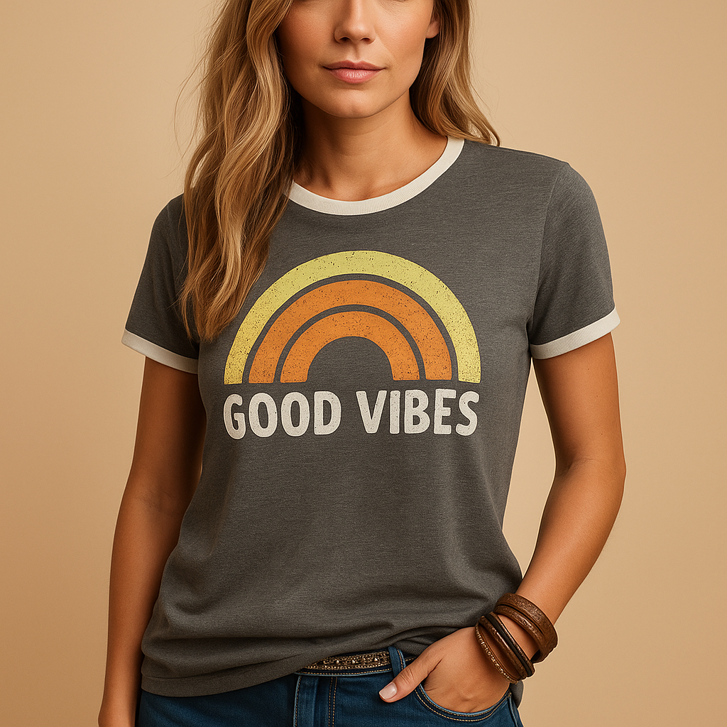 Good Vibes printed T-shirt for women with a loose fit and soft fabric, ideal for casual summer days at the beach or in the city.