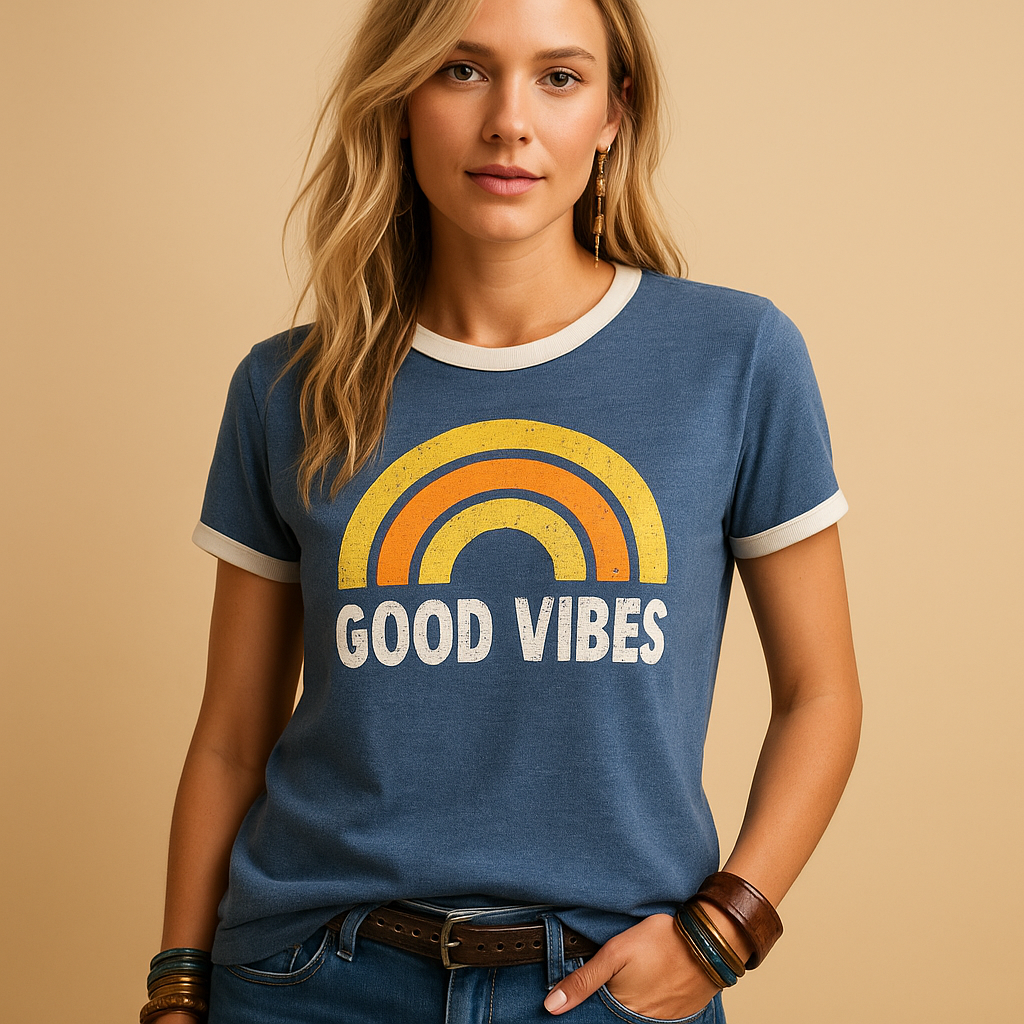 Good Vibes printed T-shirt for women with a loose fit and soft fabric, ideal for casual summer days at the beach or in the city.