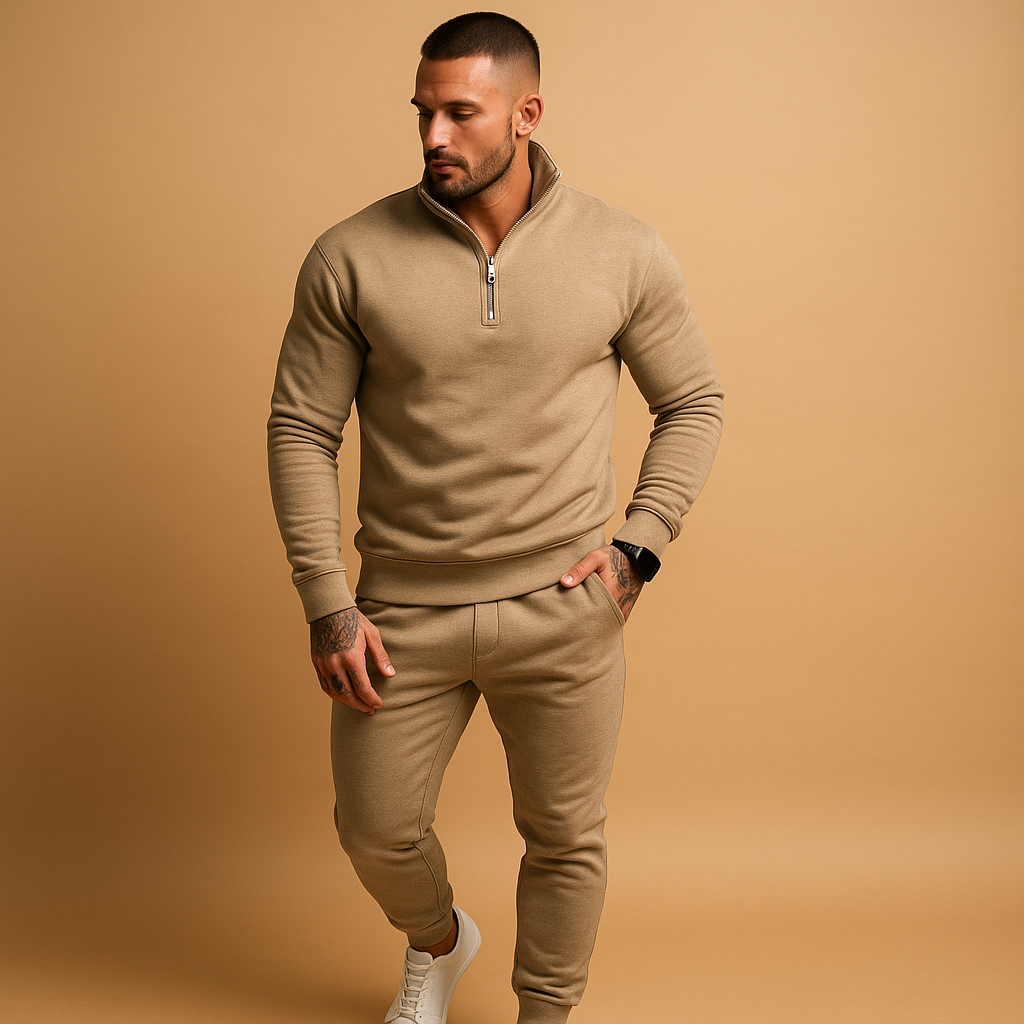 Modern half zip sweatshirt and jogger set for men, perfect for workouts, lounging, or stylish casual wear.