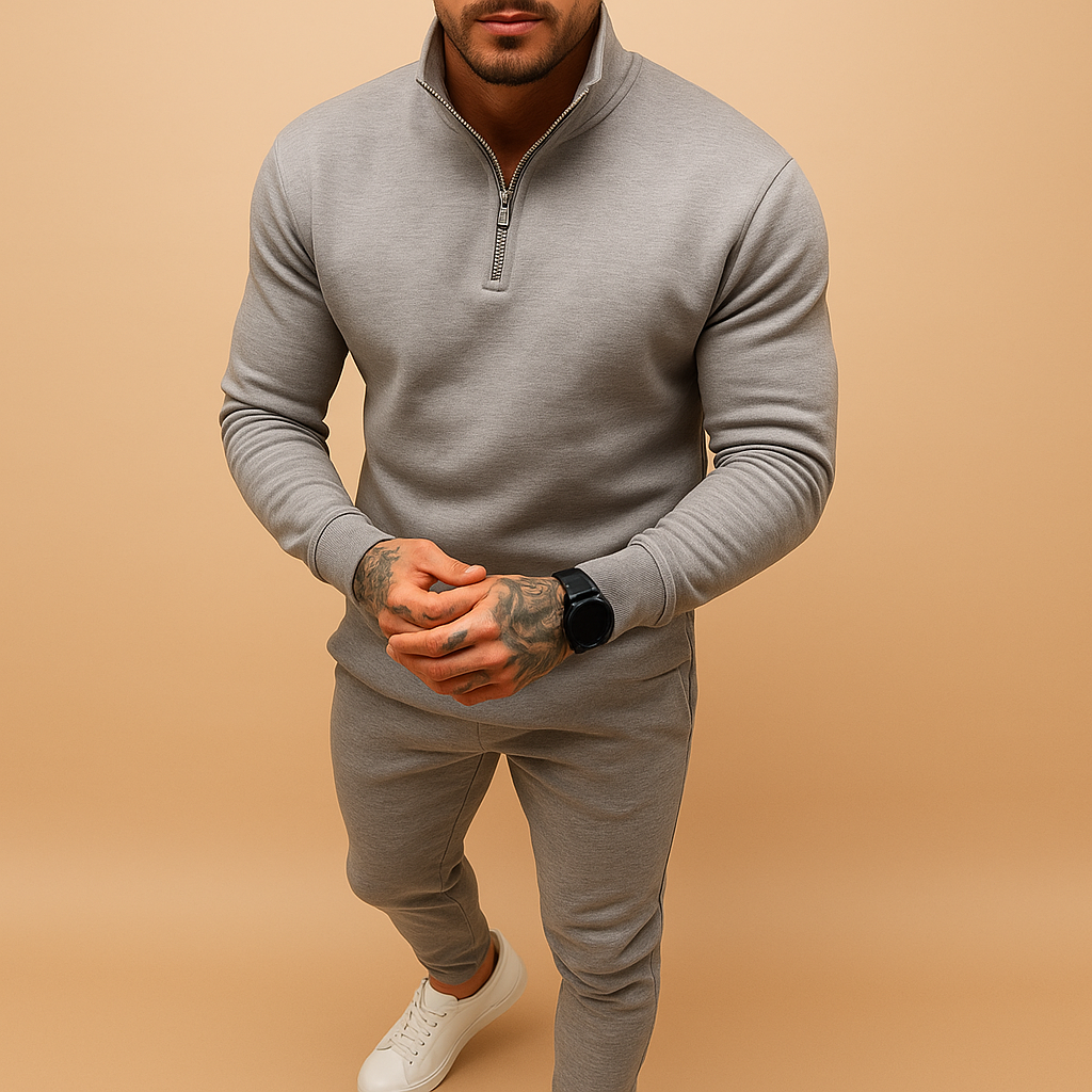 Modern half zip sweatshirt and jogger set for men, perfect for workouts, lounging, or stylish casual wear.